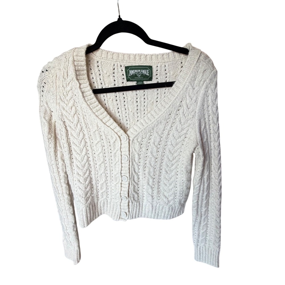 American Eagle Womens Cream Cable Knit Button Front Cropped Cardigan Sweater S